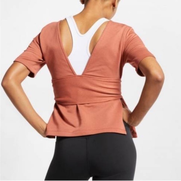 Nike Tops - Nike Women's Dri-FIT Studio Short Sleeve Yoga Top, Dusty Peach Size XS, Wrap Tie